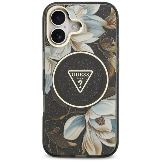 MagSafe Hülle für Apple iPhone 17, Guess, IML Metal Glitter Flowers Triangle, Schwarz