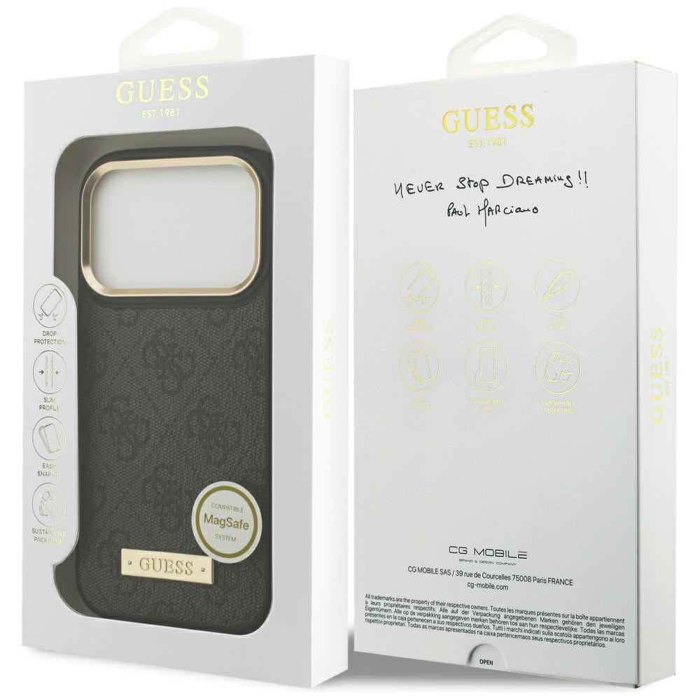 MagSafe Hülle für Apple iPhone 17 Pro, Guess, 4G Logo Plate, Schwarz