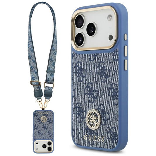 MagSafe Hülle für Apple iPhone 17 Pro, Guess, 4G Strass Logo mit großem Band, Blau