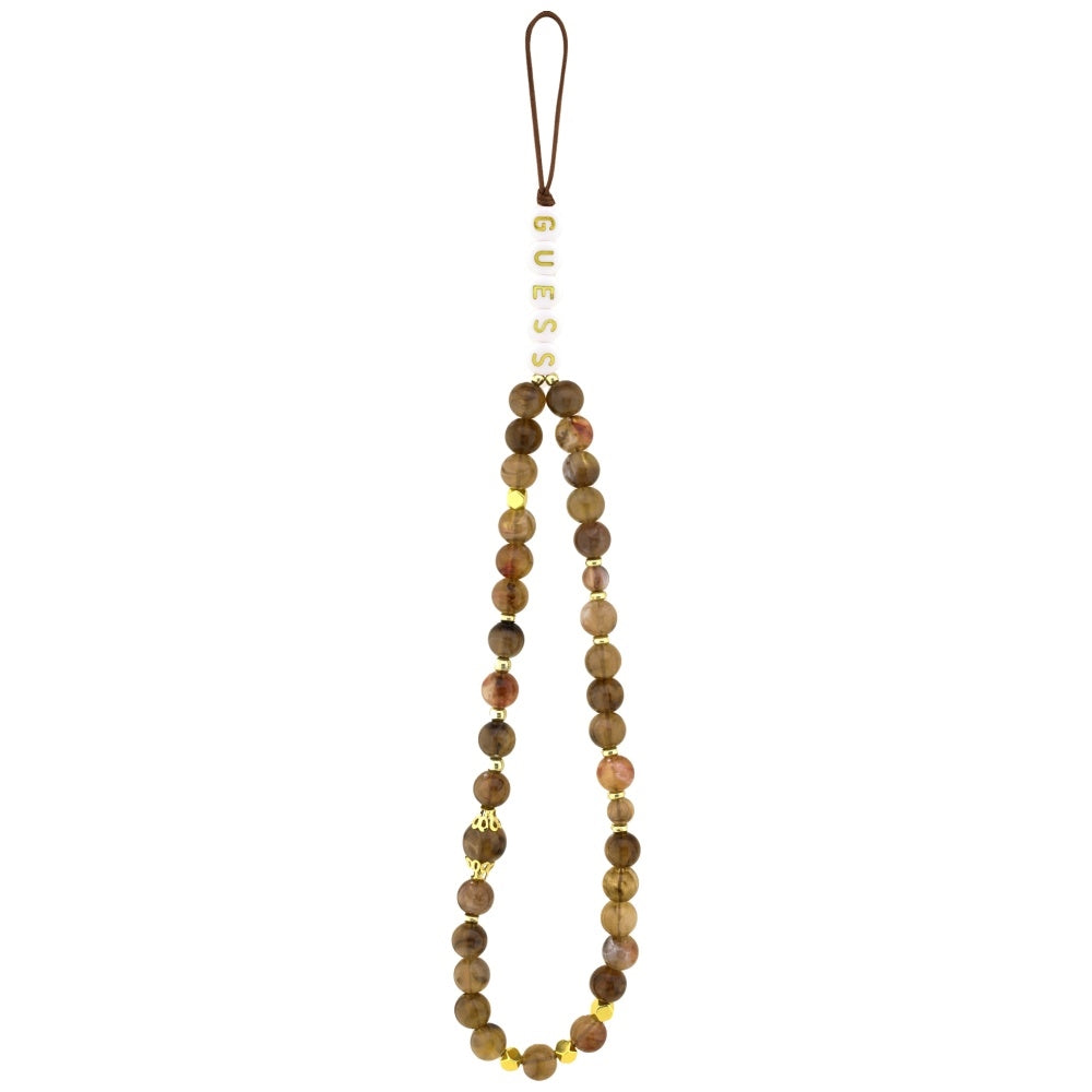 MagSafe Hülle für Apple iPhone 17 Pro, Guess, 4G Triangle Logo mit Perlenriemen, Braun