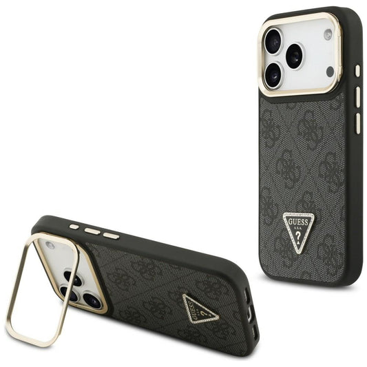 MagSafe Hülle für Apple iPhone 17 Pro, Guess, 4G Triangle Logo mit Kameraständer, Schwarz Gold