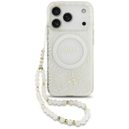 MagSafe Hülle für Apple iPhone 17 Pro, Guess, IML Flowers Allover Electroplated with Pearl Strap, Weiß