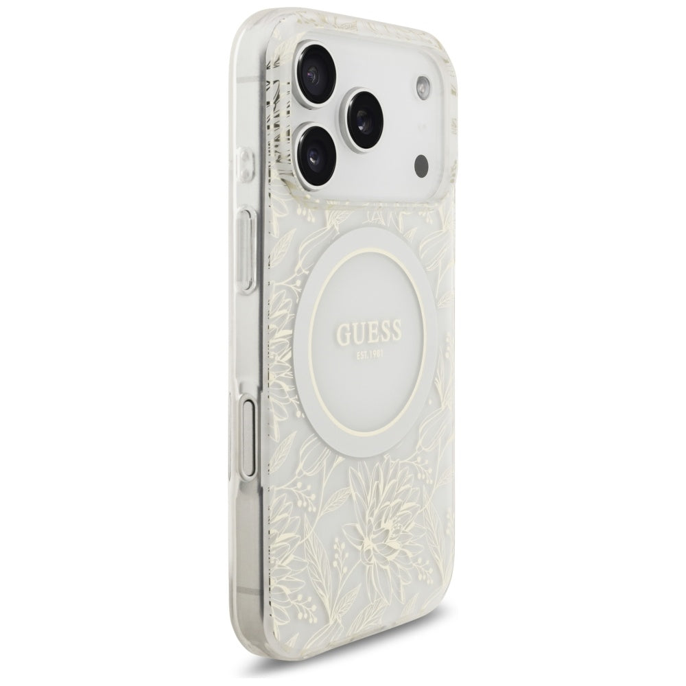 MagSafe Hülle für Apple iPhone 17 Pro, Guess, IML Flowers Allover Electroplated with Pearl Strap, Weiß