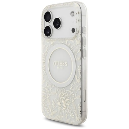 MagSafe Hülle für Apple iPhone 17 Pro, Guess, IML Flowers Allover Electroplated with Pearl Strap, Weiß
