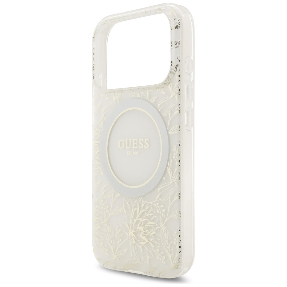 MagSafe Hülle für Apple iPhone 17 Pro, Guess, IML Flowers Allover Electroplated with Pearl Strap, Weiß