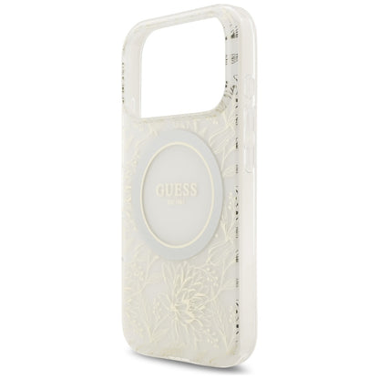 MagSafe Hülle für Apple iPhone 17 Pro, Guess, IML Flowers Allover Electroplated with Pearl Strap, Weiß