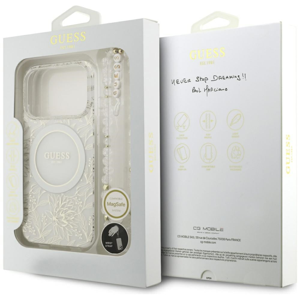 MagSafe Hülle für Apple iPhone 17 Pro, Guess, IML Flowers Allover Electroplated with Pearl Strap, Weiß