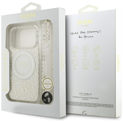 MagSafe Hülle für Apple iPhone 17 Pro, Guess, IML Flowers Allover Electroplated with Pearl Strap, Weiß