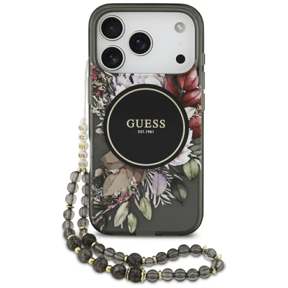 MagSafe Hülle für Apple iPhone 17 Pro, Guess, IML Flowers with Pearl Strap, Schwarz