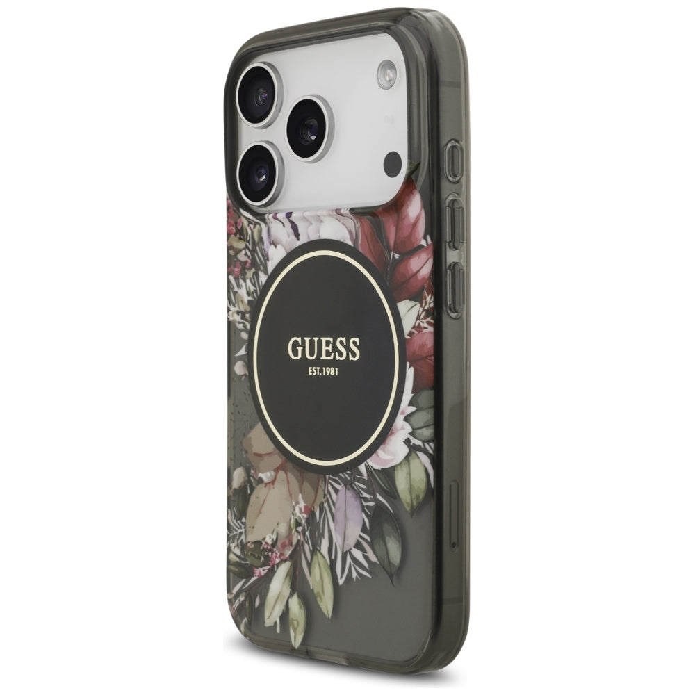 MagSafe Hülle für Apple iPhone 17 Pro, Guess, IML Flowers with Pearl Strap, Schwarz