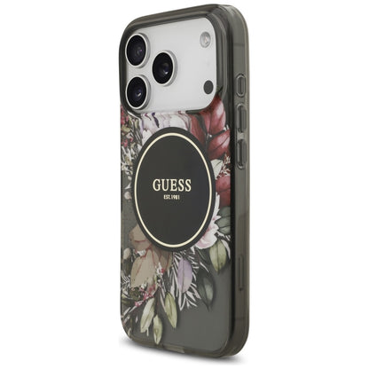 MagSafe Hülle für Apple iPhone 17 Pro, Guess, IML Flowers with Pearl Strap, Schwarz