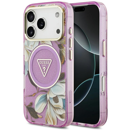 MagSafe Hülle für Apple iPhone 17 Pro, Guess, IML Metal Glitter Flowers Triangle, Lila
