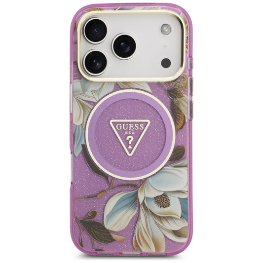 MagSafe Hülle für Apple iPhone 17 Pro, Guess, IML Metal Glitter Flowers Triangle, Lila