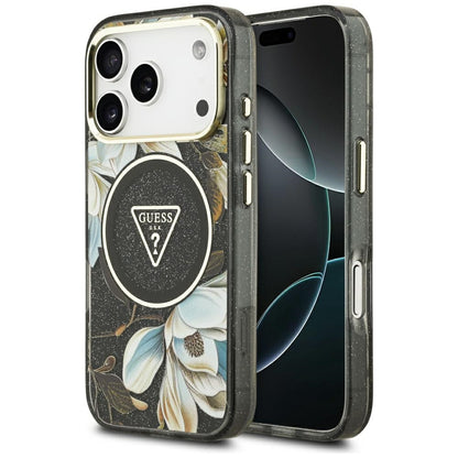 MagSafe Hülle für Apple iPhone 17 Pro, Guess, IML Metal Glitter Flowers Triangle, Schwarz