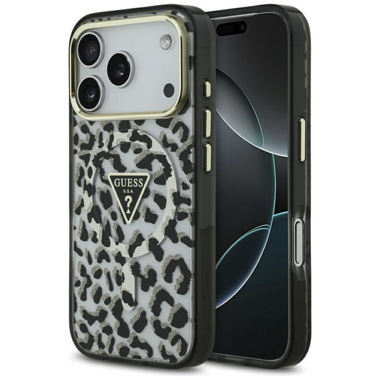 MagSafe Hülle für Apple iPhone 17 Pro, Guess, Leopard Glitter, Schwarz