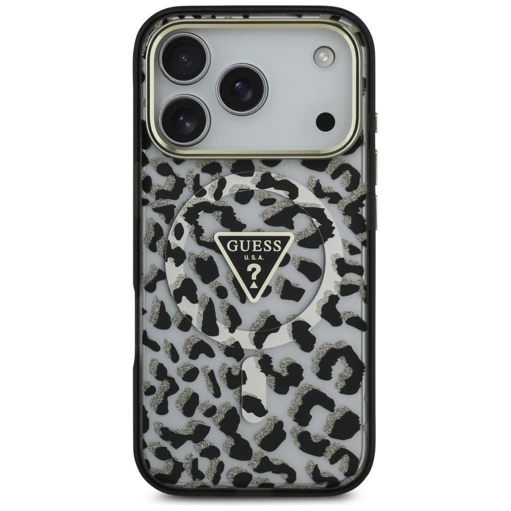 MagSafe Hülle für Apple iPhone 17 Pro, Guess, Leopard Glitter, Schwarz