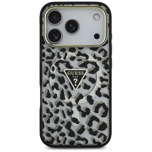 MagSafe Hülle für Apple iPhone 17 Pro, Guess, Leopard Glitter, Schwarz