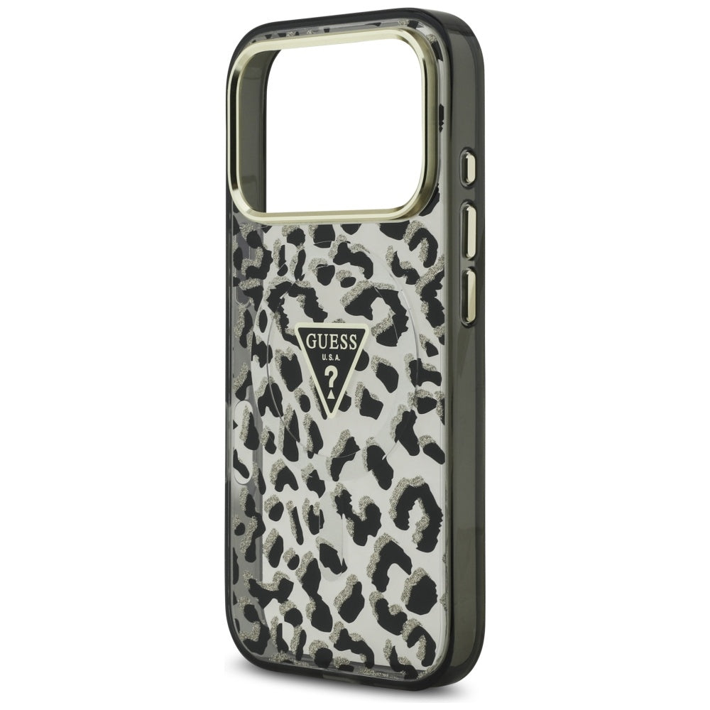 MagSafe Hülle für Apple iPhone 17 Pro, Guess, Leopard Glitter, Schwarz