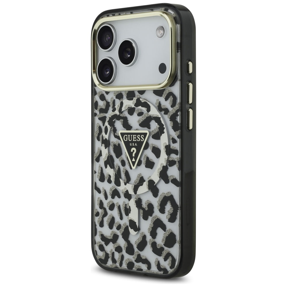 MagSafe Hülle für Apple iPhone 17 Pro, Guess, Leopard Glitter, Schwarz