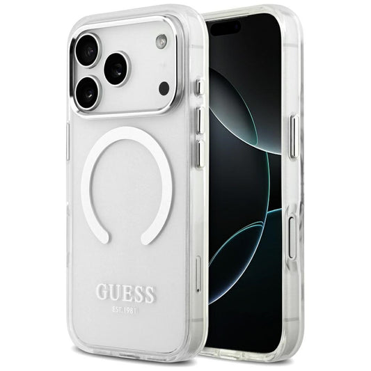 MagSafe Hülle für Apple iPhone 17 Pro, Guess, Metal Outline, Silber
