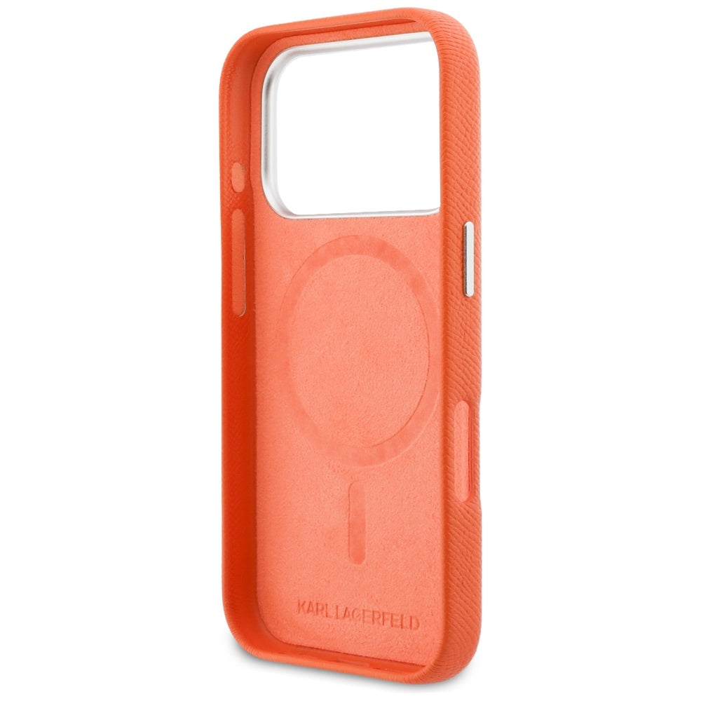 MagSafe Hülle für Apple iPhone 17 Pro, Karl Lagerfeld, Saffiano Karl & Choupette Pins, Orange