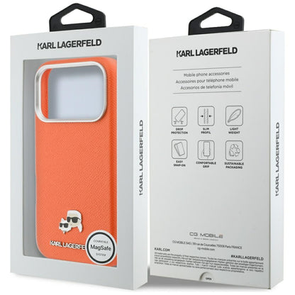 MagSafe Hülle für Apple iPhone 17 Pro, Karl Lagerfeld, Saffiano Karl & Choupette Pins, Orange