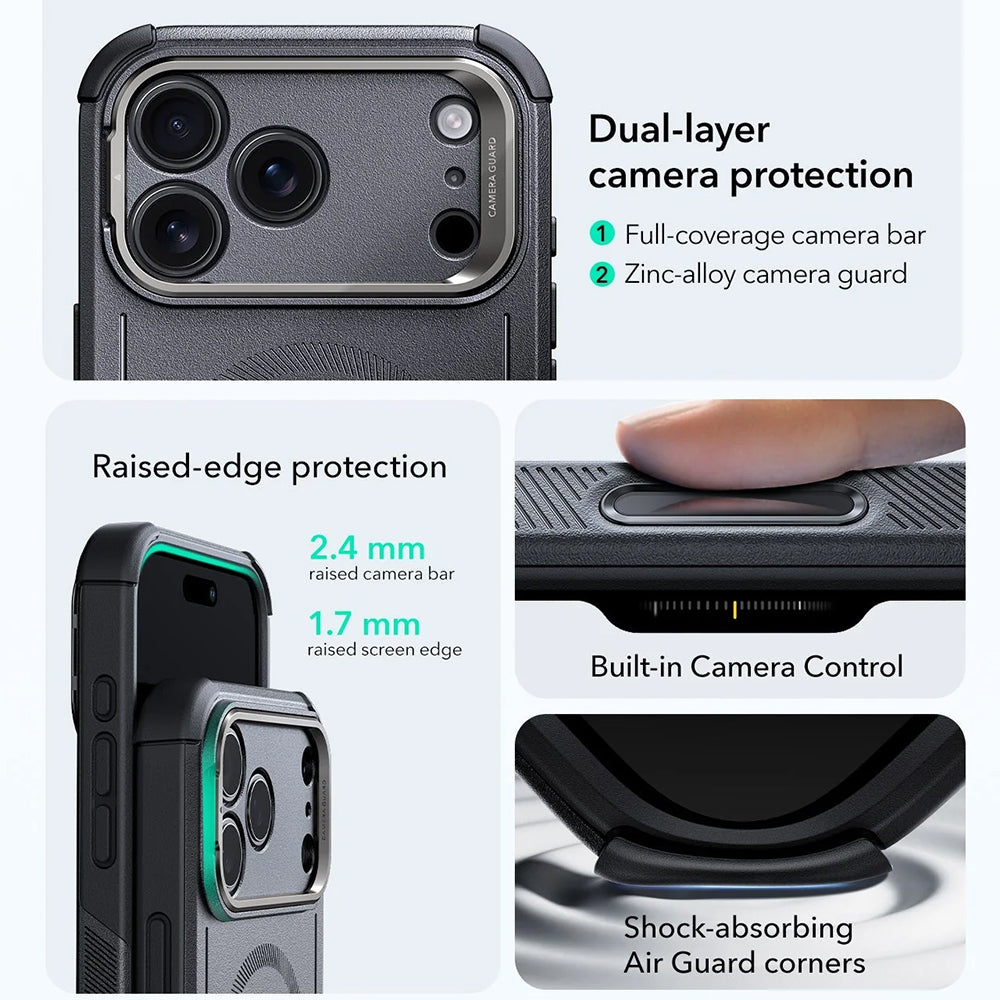 MagSafe Hülle für Apple iPhone 17 Pro Max, ESR, Cyber Armor Kickstand, Grau