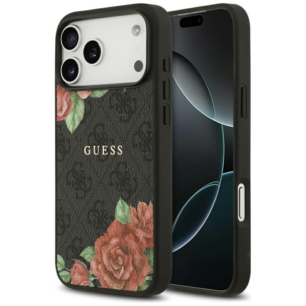 MagSafe Hülle für Apple iPhone 17 Pro Max, Guess, 4G Flowers Print, Schwarz