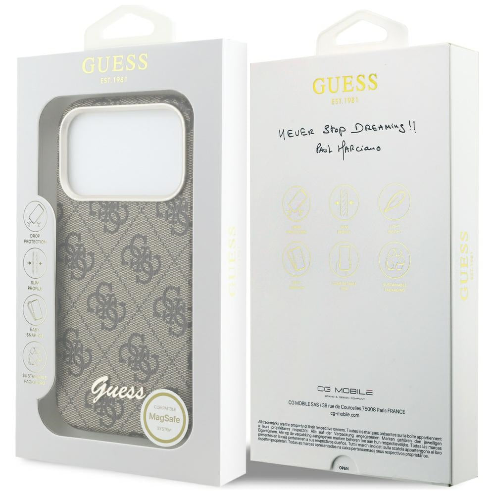 MagSafe Hülle für Apple iPhone 17 Pro Max, Guess, 4G Script Logo, Braun