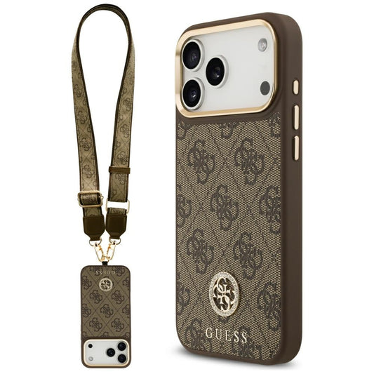 MagSafe Hülle für Apple iPhone 17 Pro Max, Guess, 4G Strass Logo mit großem Riemen, Braun