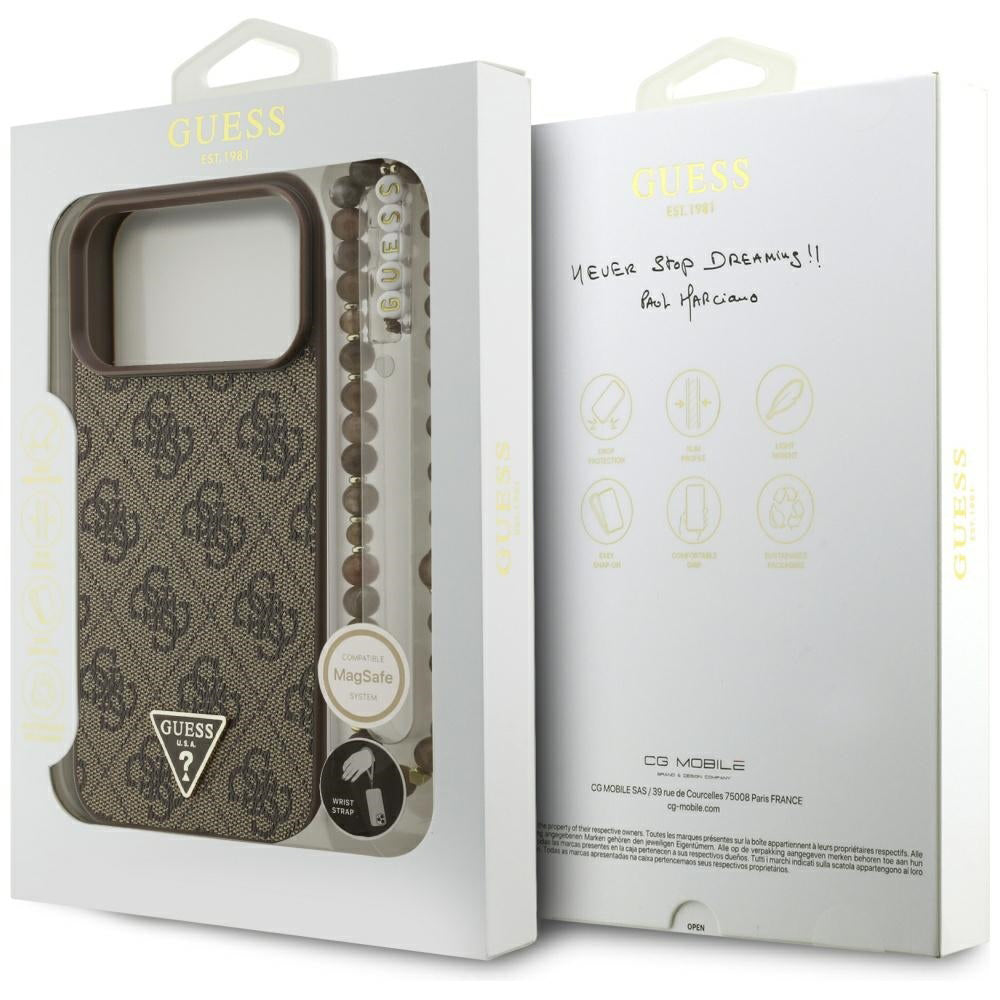 MagSafe Case for Apple iPhone 17 Pro Max, Guess, 4G Triangle Logo Cord Strap, Brown