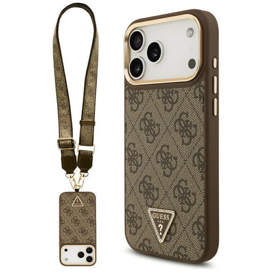 MagSafe Hülle für Apple iPhone 17 Pro Max, Guess, 4G Triangle Logo mit großem Riemen, Braun