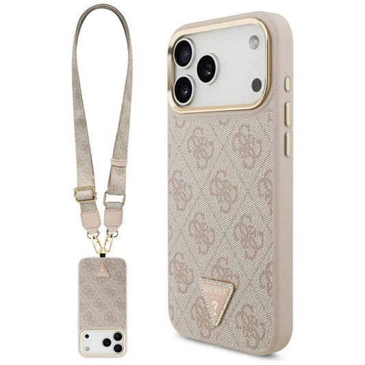 MagSafe Hülle für Apple iPhone 17 Pro Max, Guess, 4G Triangle Logo mit großem Riemen, Rosa