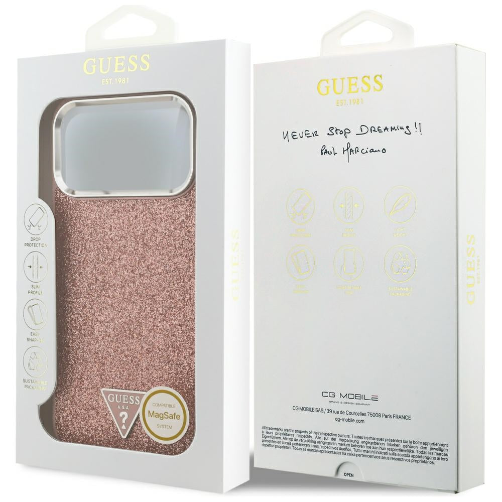 MagSafe Hülle für Apple iPhone 17 Pro Max, Guess, Glitter Triangle Logo, Rosa