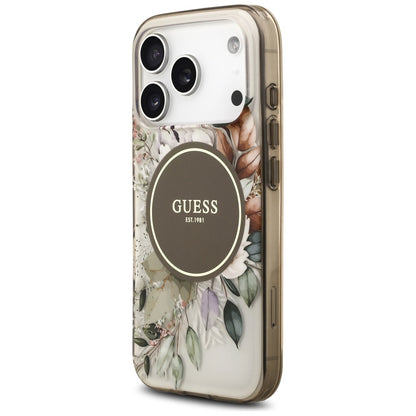 MagSafe Hülle für Apple iPhone 17 Pro Max, Guess, IML Flower & Tonal Circle, Braun
