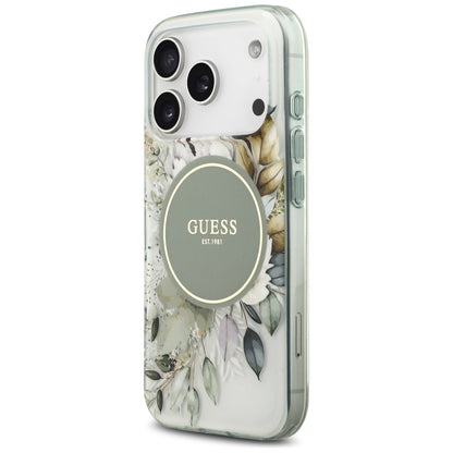 MagSafe Hülle für Apple iPhone 17 Pro Max, Guess, IML Flower & Tonal Circle, Grün