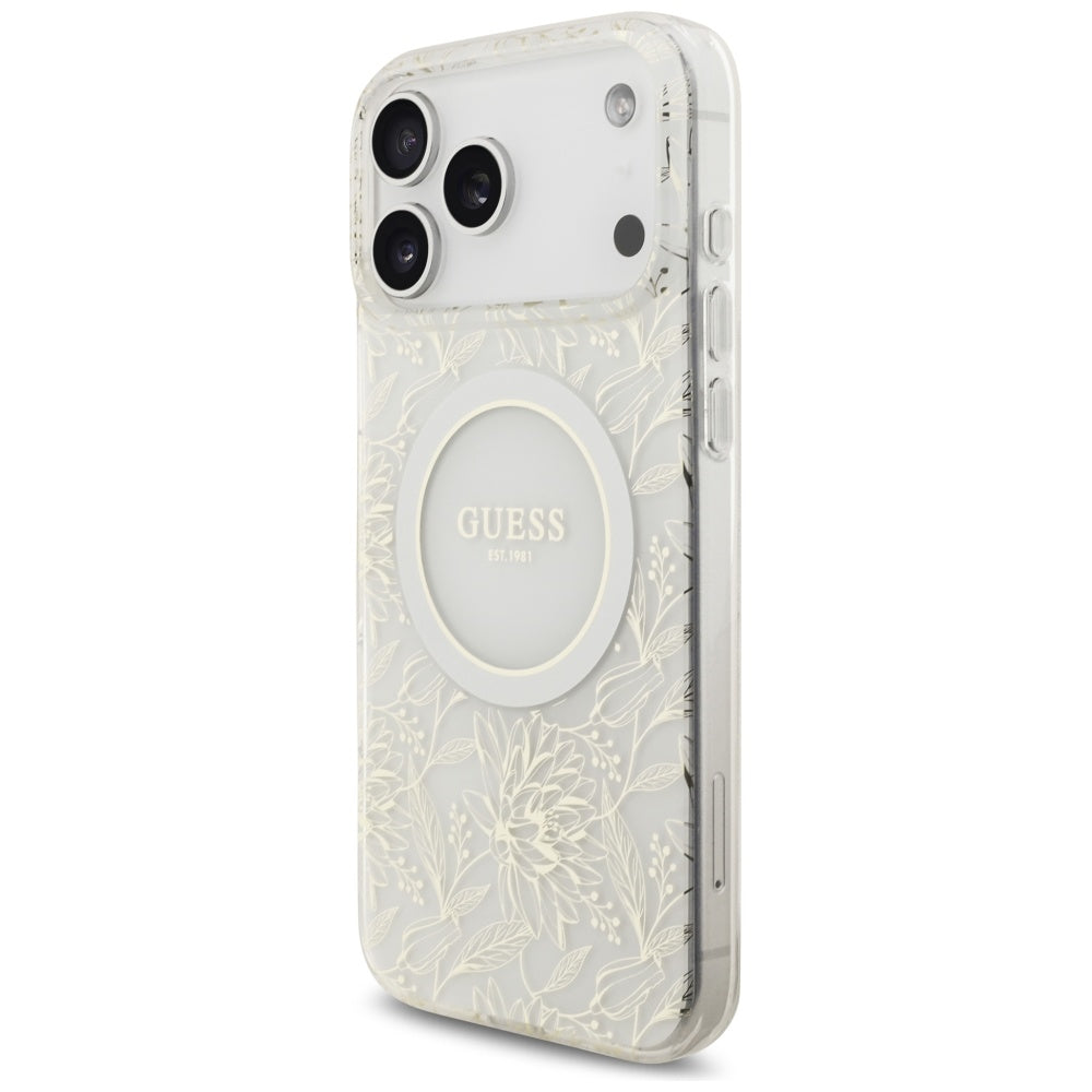 MagSafe Hülle für Apple iPhone 17 Pro Max, Guess, IML Flowers Allover Electroplated with Pearl Strap, Weiß