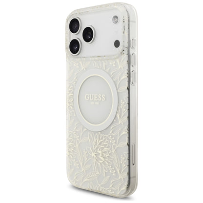 MagSafe Hülle für Apple iPhone 17 Pro Max, Guess, IML Flowers Allover Electroplated with Pearl Strap, Weiß