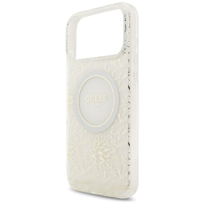 MagSafe Hülle für Apple iPhone 17 Pro Max, Guess, IML Flowers Allover Electroplated with Pearl Strap, Weiß