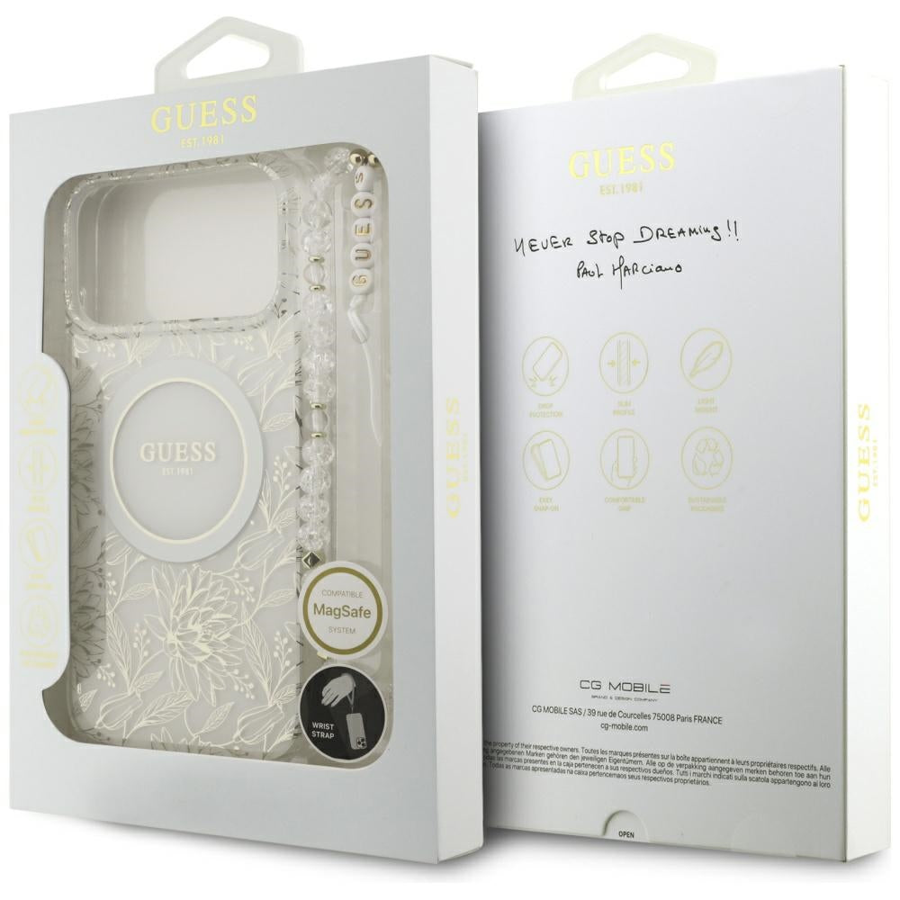 MagSafe Hülle für Apple iPhone 17 Pro Max, Guess, IML Flowers Allover Electroplated with Pearl Strap, Weiß