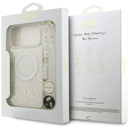MagSafe Hülle für Apple iPhone 17 Pro Max, Guess, IML Flowers Allover Electroplated with Pearl Strap, Weiß