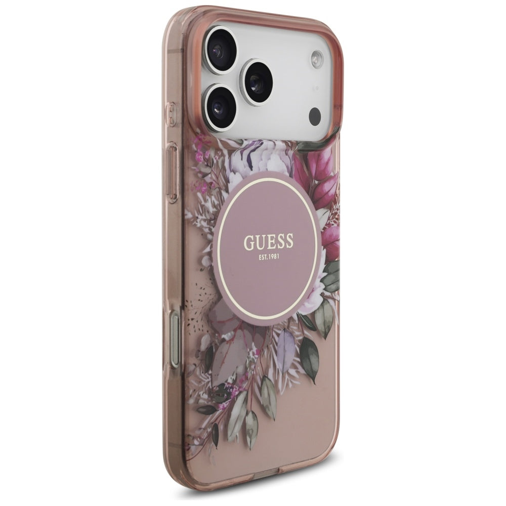 MagSafe Hülle für Apple iPhone 17 Pro Max, Guess, IML Flowers with Pearl Strap, Rosa