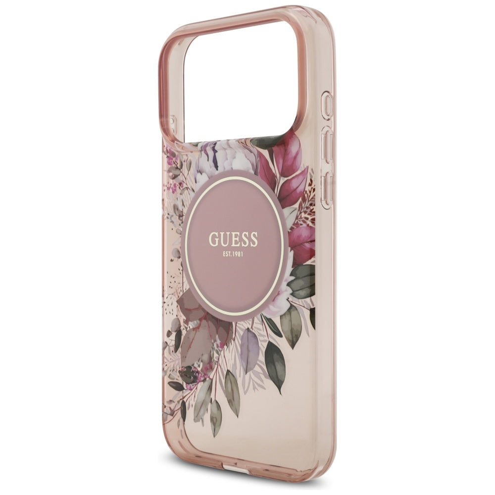 MagSafe Hülle für Apple iPhone 17 Pro Max, Guess, IML Flowers with Pearl Strap, Rosa