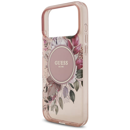 MagSafe Hülle für Apple iPhone 17 Pro Max, Guess, IML Flowers with Pearl Strap, Rosa