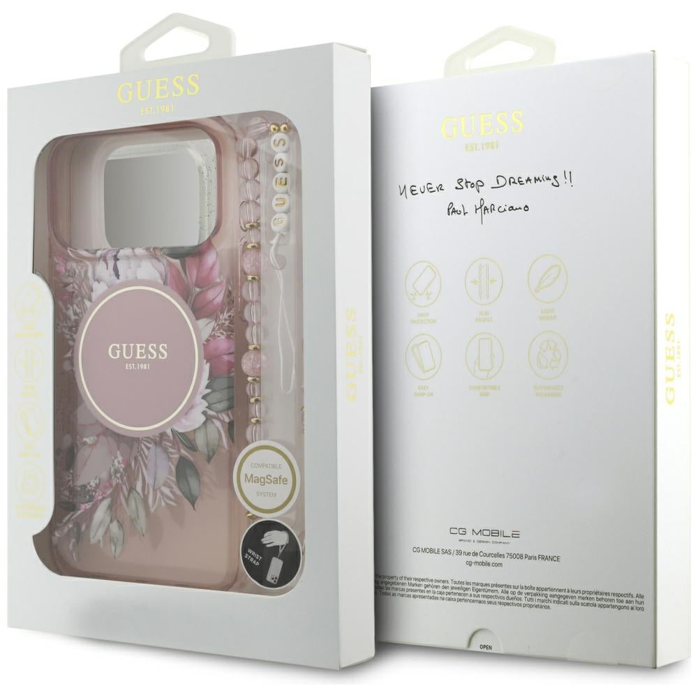 MagSafe Hülle für Apple iPhone 17 Pro Max, Guess, IML Flowers with Pearl Strap, Rosa