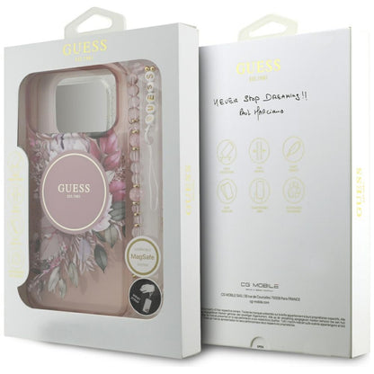 MagSafe Hülle für Apple iPhone 17 Pro Max, Guess, IML Flowers with Pearl Strap, Rosa