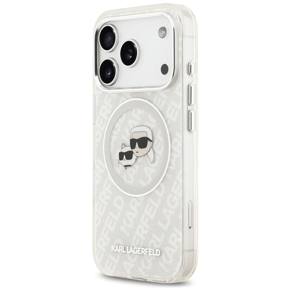 MagSafe Hülle für Apple iPhone 17 Pro Max, Karl Lagerfeld, Glitter Karl & Choupette Head, Weiß