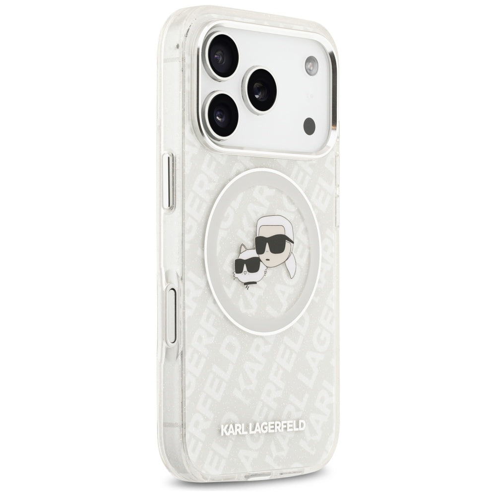 MagSafe Hülle für Apple iPhone 17 Pro Max, Karl Lagerfeld, Glitter Karl & Choupette Head, Weiß