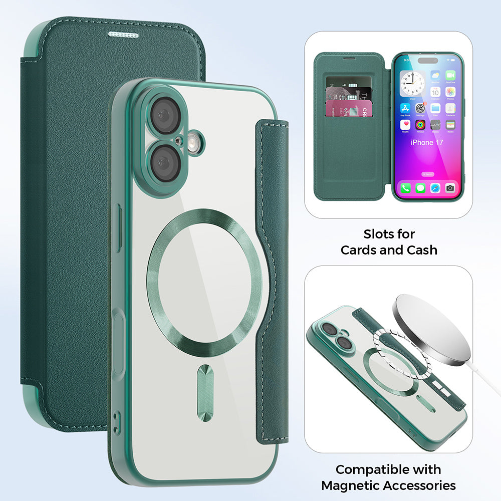 MagSafe Case for Apple iPhone 17, Techsuit, SmartMag Book, Green
