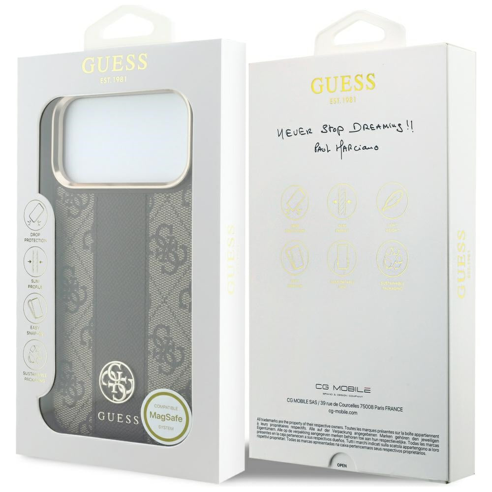 MagSafe-Hülle für Apple iPhone 18 Pro / 17 Pro, Guess, 4G Stripe Round Classic Logo, Braun
